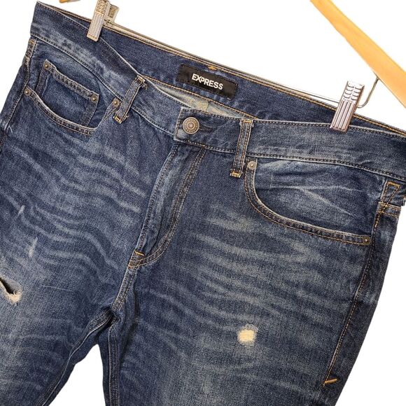 EXPRESS Men's 36x32 Original Slim Fit Distressed Dark Wash Denim Jeans - Picture 4 of 16